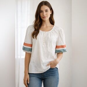 DownEast White Blouse with Orange and Blue Accents